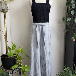 Cloth and Stone Mens Linen Rayon Striped Wide Leg Tie Waist Pants Blue White M